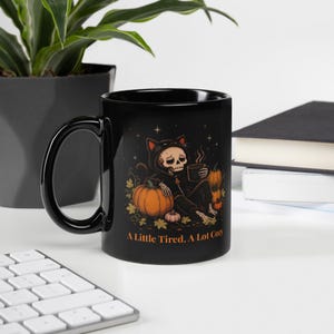 Halloween skelet kat mok, gezellige spookachtige koffiemok, zwarte kat kostuum skelet beker, pompoen patch koffiemok, schattige herfst mok