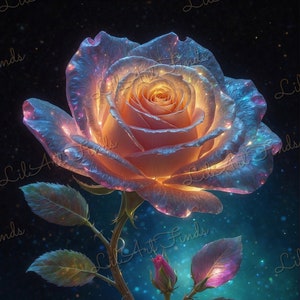 May include: A single glowing rose with pink petals and green leaves. The rose is surrounded by a field of smaller pink roses and a dark blue background with sparkling lights.