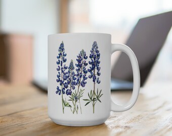 Bluebonnet Mug | Elegant White 15oz Mug with Colored Floral Bluebonnet Sketch - Perfect for Beverages or Decoration | Mugs for Mom