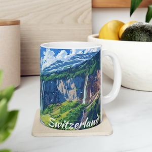 Switzerland Souvenir Mug | Nature Inspired | Coffee Lover Gift | Tea Lover Gift | Waterfall | Swiss Valley | Artistic Design