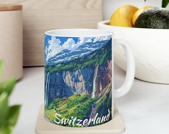 Switzerland Souvenir Mug | Nature Inspired | Coffee Lover Gift | Tea Lover Gift | Waterfall | Swiss Valley | Artistic Design