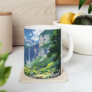 Switzerland Souvenir Mug | Nature Inspired | Coffee Lover Gift | Tea Lover Gift | Waterfall | Swiss Valley | Artistic Design | Lauterbrunnen