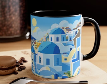 Greece Souvenir Accent Handle Mug | Greek Village Mug | Ocean View | Coastal Scene | Coffee or Tea | Greek Lifestyle | Artistic | Santorini