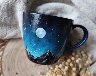 Full moon mountains landscape coffee mug starry night tea cup birthday gift