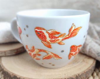 Koi-Fisch-Tasse, handbemalte Teetasse, Zen-Kaffeetasse, japanische Kunst