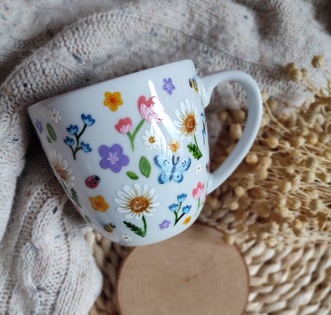 Spring Flowers Hand Painted Coffee Cup, Porcelain Mug, Ladybug ...