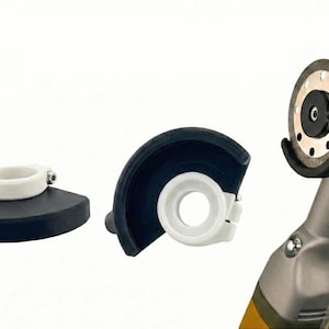 May include: A set of three power tool accessories. The set includes a black and white guard, a black base with a white ring, and a handheld grinder with a diamond cutting wheel. The grinder has a silver body and a yellow handle.