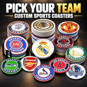 May include: A collection of round coasters featuring various sports team logos including Oklahoma City Thunder, Chicago Blackhawks, Manchester United, Detroit Pistons, Real Madrid, Toronto Raptors, Golden State Warriors, Seattle Seahawks, Arsenal, St. Louis Cardinals, Los Angeles Angels, and Dallas Mavericks.