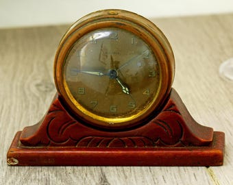 1940s Vintage Kienzle mechanical alarm table clock wooden stand for repair/part