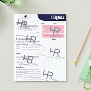 May include: A black and white 1:1 Agenda template with a pink and gray HR Consulting logo. The agenda includes sections for date, time, notes, top three discussion points, check-in, and action items.