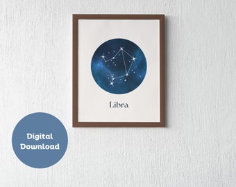 Descarga digital de la constelación de Libra / Arte de pared imprimible del signo estelar del zodíaco / Decoración de astrología de Libra
