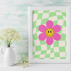 Groovy Retro Blumen-Wand-Kunst | Hippy Smiley Poster | Bunte Maximalist Wand Kunst | Wohnheim oder Jugendzimmer Dekor | Y2K Dekor