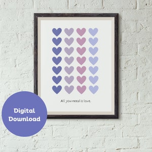 &quot;All You Braucht ist Liebe Poster - Lila Liebe Herz Drucke, druckbare Wandkunst, romantisches Wohndekor, Beatles inspirierte Wandkunst.&quot;