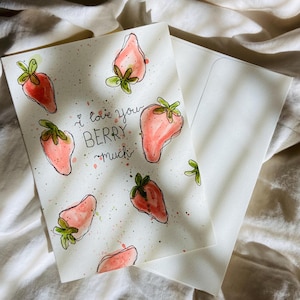 Cartão de morango pintado à mão em aquarela – “I Love You Berry Much” | Cartão de felicitações romântico exclusivo | Perfeito para o Dia dos Namorados ou aniversário