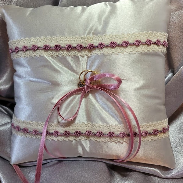 Ringbearer Pillow - Ecru Satin, Lace, Roses & Ribbons