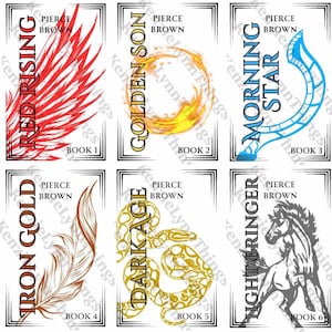 Op de afbeelding: Zes boekomslagen van Pierce Brown met titels als "Red Rising", "Golden Son" en "Morning Star". De covers tonen gestileerde afbeeldingen in rood, goud, blauw en grijs. Elk boek is genummerd.