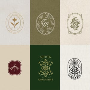 May include: A collection of six distinct logo designs featuring botanical and insect motifs. The graphics include a flower in a circular frame, the letters EM in an oval, a floral bouquet, a dragonfly, a symmetrical plant with the text ARTISTIC LINGUISTICS, and a sun-flower emblem.
