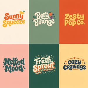 Può includere: Un design grafico colorato con sei frasi: "Sunny Squeeze", "Berry Bounce", "Zesty Pop Co.", "Melted Mood", "Fresh Sprout" e "Cozy Cravings". Ogni frase è in un carattere retrò unico con elementi decorativi.