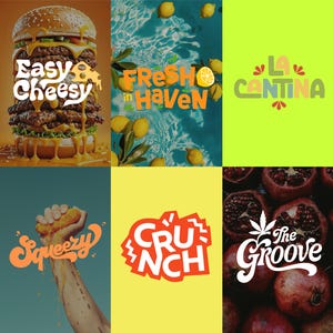 Könnte beinhalten: Eine Collage aus sechs Grafikdesigns mit einem dreistöckigen Burger mit dem Text Easy Cheesy, Zitronen über Wasser mit Fresh in Haven, dem Text La Cantina, einer Hand, die Essen mit Squeezy presst, dem Text Crunch und Granatäpfeln mit The Groove.