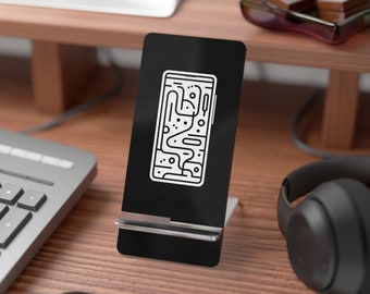 Mobile Display stand for smartphones. Black background. Can be used for work or at home.