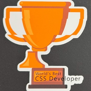 Puede incluir: Un trofeo dorado con un contorno blanco y el texto "World's Best CSS Developer" sobre una base marrón.