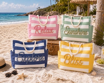 Borsa da spiaggia a righe oversize, borsa da piscina impermeabile personalizzata, accessori per le vacanze con iniziali personalizzate, regalo estivo