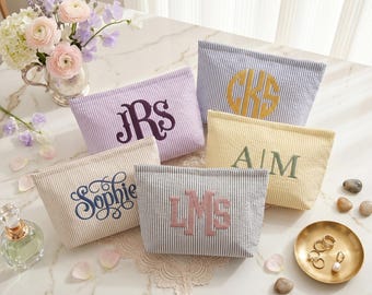 Custom Name Makeup Bag, Seersucker Striped Pouch, Bridesmaid Proposal Gift, Monogrammed Bag