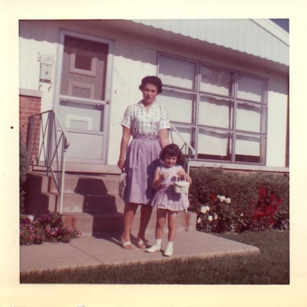 1950s Vintage Color Photo "Midcentury Porch Mother and Daughter" Fashion Childhood Vernacular Ephemera