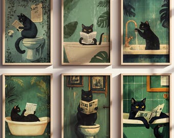 Funny Cat Bathroom Wall Art Set, Black Cat Toilet Prints, Cat Reading in Bath Art, Quirky Vintage Bathroom Decor, Digital Download
