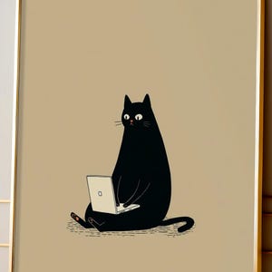 Black Cat Office Wall Art, Work From Home Cat Print, Funny Laptop Cat Poster, Minimalist Cat Art, Home Office Decor