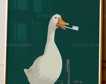 Silly Goose Bathroom Art, Goose Brushing Teeth Print, Funny Kids Bathroom Decor, Dark Green Nursery Wall Art, Quirky Animal Printable