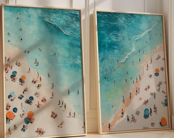Set of 2 Tiny People Swimming in Ocean Art, Minimalist Printable Wall Art, Beach House Decor, Summer Poster Art Bundle