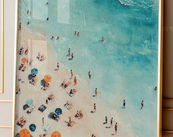 Figuras diminutas nadando en el océano, arte minimalista para imprimir, decoración para casas de playa, pósteres de verano.