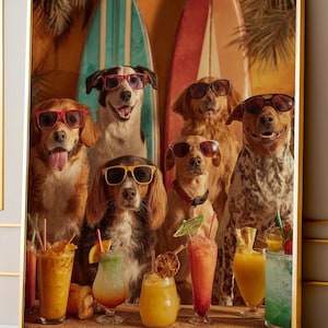 Rolig hundväggkonst, Tiki Bar-hundtryck, tropisk strandhundposter, retro sommardekor, surfhundkonst, färgglad hundälskare utskrivbar