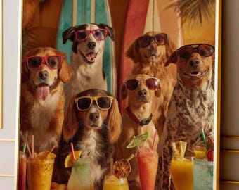 Funny Dog Wall Art, Tiki Bar Dogs Print, Tropical Beach Dog Poster, Retro Summer Decor, Surf Dog Art, Colorful Dog Lover Printable