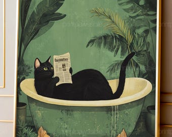 Funny Cat Bathroom Wall Art, Black Cat Bathtub Print, Cat Reading Newspaper Poster, Quirky Bathroom Decor, Digital Download
