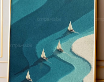 Sailing Wall Art, Aerial Sailboat Regatta Print, Blue Ocean Coastal Decor, Modern Nautical Printable Artwork