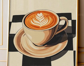 Cappuccino Art Kitchen Poster Retro Coffee Wall Print Flat Vector Illustration Italian Cafe Decor Printable Kitchen Artwork
