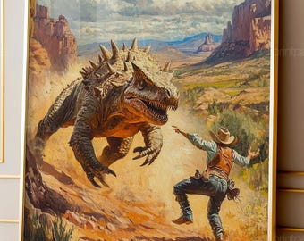 Cowboy Dinosaur Wall Art, Funny Western Print, Jurassic Cowboy Poster, Wild West Dinosaur Painting, Funny Gift for Him