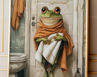 Divertido cuadro de rana para el baño, estampado de rana con toalla, decoración de baño original, póster de rana vintage, lámina decorativa de animales con un toque peculiar.