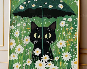 Lámina artística "Gato bajo una margarita": Ilustración de un gato negro caprichoso (Descarga digital)