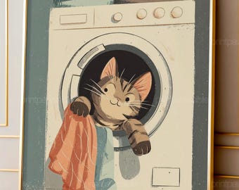 Laundry Room Cat Art, Funny Tabby Cat Print, Cute Kitten Wall Decor, Whimsical Washer Printable, Cat Lover Laundry Room Decor