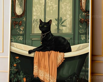 May include: A framed wall art print featuring a black cat wearing a gold chain necklace, resting in a dark green clawfoot bathtub. An orange fringed towel hangs over the edge of the tub. The background shows a green wall with mirrors.