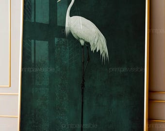 Arte mural de grulla japonesa, lámina vintage de aves, decoración Japandi verde oscuro, pintura de aves japonesas, arte mural asiático, arte imprimible