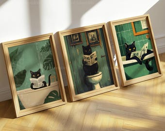 Rolig katt badrumstryckset, nyckfull toalettväggkonst, humoristisk kattdekor, digital nedladdning, utskrivbara katt badrumsaffischer