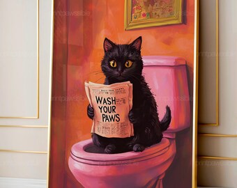 Funny Black Cat Wash Your Paws Print, Quirky Bathroom Art, Humorous Feline Wall Decor, Digital Download, Printable Cat Bathroom Poster