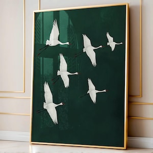 Obra de arte de estilo japonés vintage con grúas voladoras, impresión estilo Japandi, imagen de pájaro verde y blanco, descarga digital IMPRIMIBLE, elegante galería de arte de pared