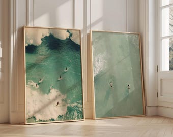 Set of 2 Tiny People Swimming in Ocean Print, Summer Poster Bundle , Beach House Decor, Minimalist Printable Wall Art, Gift for Ocean Lovers