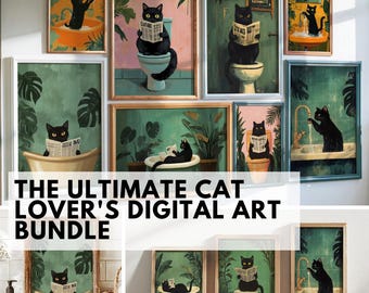 Funny Cat Bathroom Wall Art Bundle, Black Cat Toilet Prints, Bathroom Decor, Digital Download
