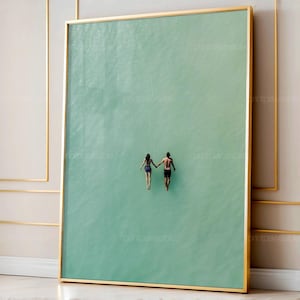 Man And Woman Holding Hands Floating In Pool Art, Minimal Summer Couple Poster, Aerial Beach House Print In Green Water